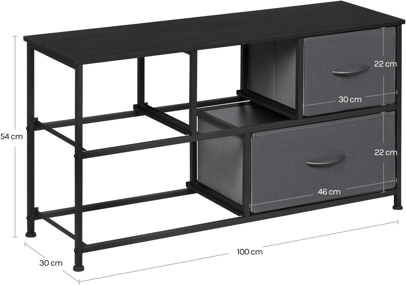WOLTU Bedroom Chest of Drawers with 5 Drawers with 2 Tiers in Fabric, Industrial Cabinet, Metal and Wood Frame, Wood Effect, Black+Dark Grey, 100 x 30 x 54 cm