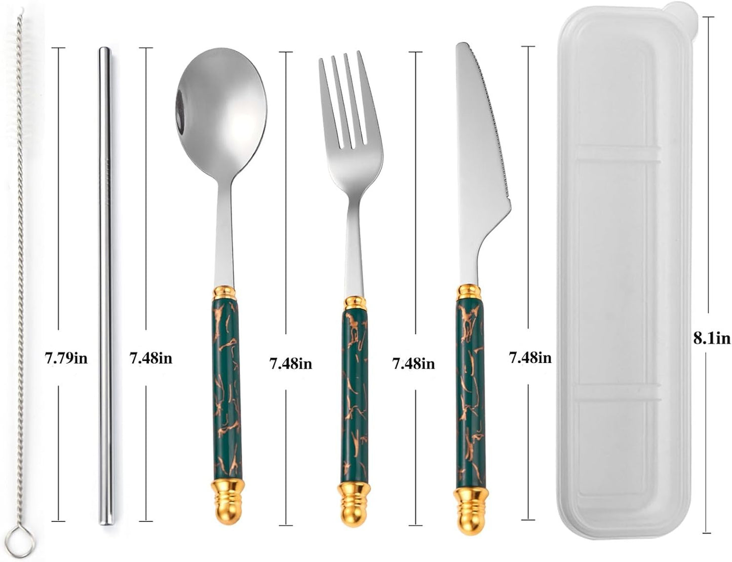 Facune 4 Colors Portable Stainless Steel Flatware Sets, Reusable Travel Cutlery with Case, Utensil Set Include Knife Fork Spoon Straw Brush for Lunch Box