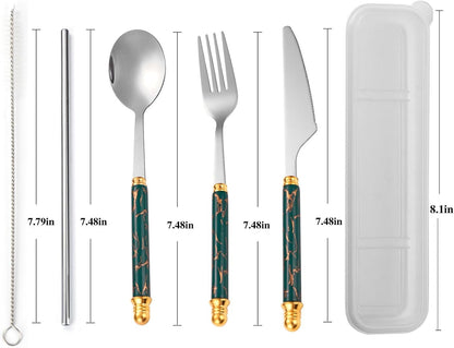 Facune 4 Colors Portable Stainless Steel Flatware Sets, Reusable Travel Cutlery with Case, Utensil Set Include Knife Fork Spoon Straw Brush for Lunch Box