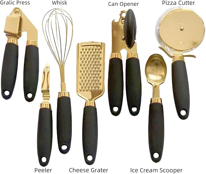 White & Gold Kitchen Tools and Gadgets - Luxe 7PC Cooking Tools and Gadgets with Anti-Slip Handles, Utensils Set, Gold Kitchen Accessories,Premium Kitchen Gadget Set (Champagne gold & black)