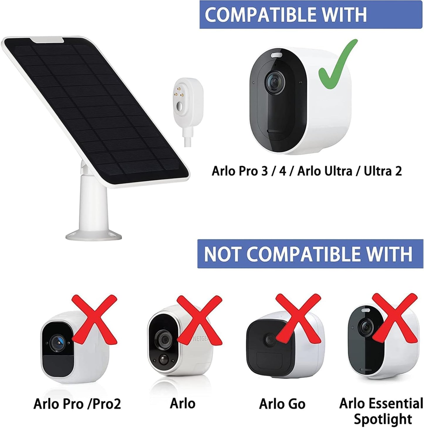 Upgrade 2 Pack 5W Solar Panel Charging Compatible with Arlo Pro 3/Pro 4/Pro 5S/Ultra/Ultra 2/Go 2 Continuous Power Supply IP65 Weatherproof with 9.8ft Charging Cable and Adjustable Wall Mount