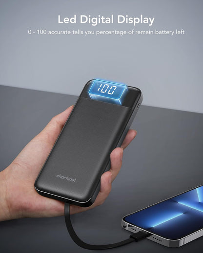 Charmast Power Bank with Built in Cable, 10000mAh USB C Battery Pack 6 Outputs 2 Inputs with LED Display Type C Powerbank Portable Charger Compatible with Smartphones Tablets and More (Black)