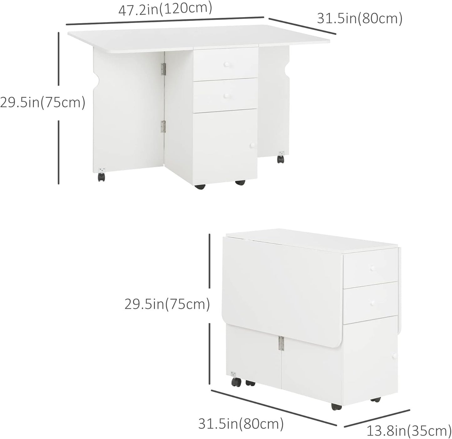 HOMCOM Folding Dining Table, Drop Leaf Table for Small Spaces with 2 Drawers, Cabinet and 6 Wheels, Small Kitchen Table, White