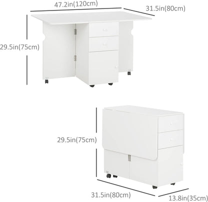 HOMCOM Folding Dining Table, Drop Leaf Table for Small Spaces with 2 Drawers, Cabinet and 6 Wheels, Small Kitchen Table, White