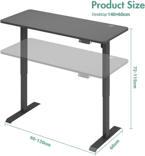 Ufurniture Electric Standing Desk, 72-115cm Height Adjustable Electric Computer Workstation with Smart Memory Lifting Base Sturdy Motor Sit Stand Up Table, Black Frame/Black Desktop, 140x60cm