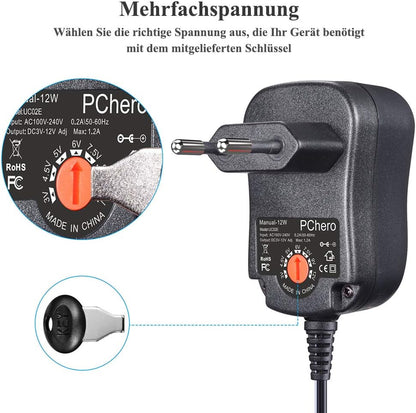 PChero 12W Universal AC/DC Power Supply with 8 DC Plugs, Suitable for Devices from 3 V to 12 V