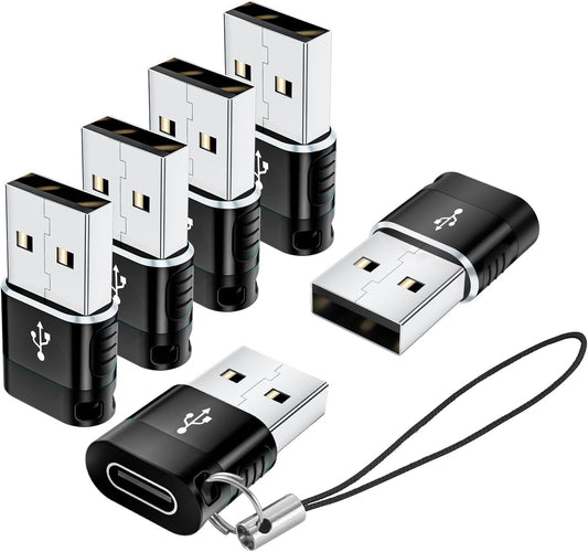 BaseNew USB to USB C Adapter 6 Pack,C Female to USB Male,USBA to TypeC Adaptor,USB to USBC Converter,C Charger Cable Connector for iPhone 15 14 13,MacBook,Cellphone(Black)
