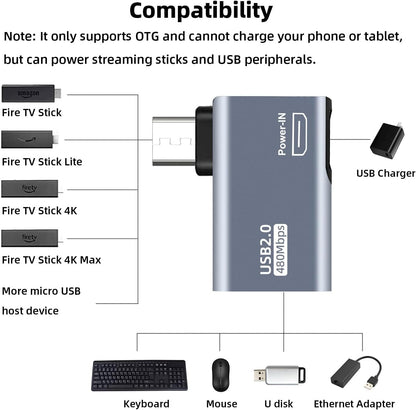 AreMe 2 Pack OTG Cable Adapter for Fire TV Stick 4K, 90 Degree Left and Right Angle Powered Micro USB to USB OTG Adapter for Android Phone Tablet and More Host Devices with Micro USB (Grey)