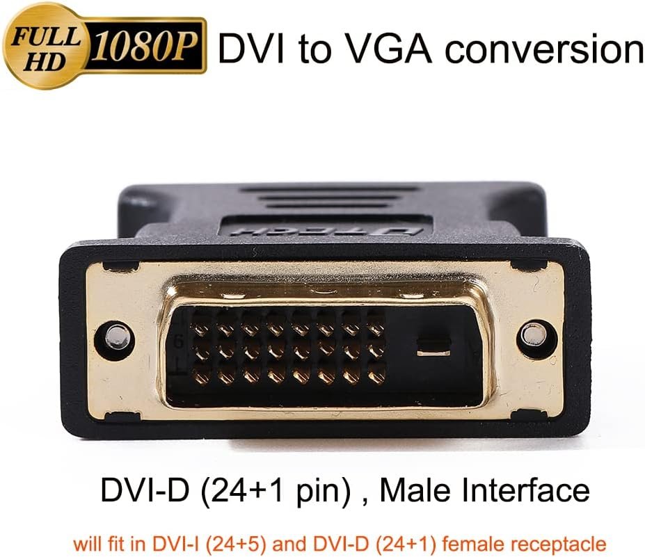 DTECH DVI to VGA Adapter DVI-D Male to VGA Female Converter 1080P Video Connector 24+1 Pin for Monitor Computer Projector