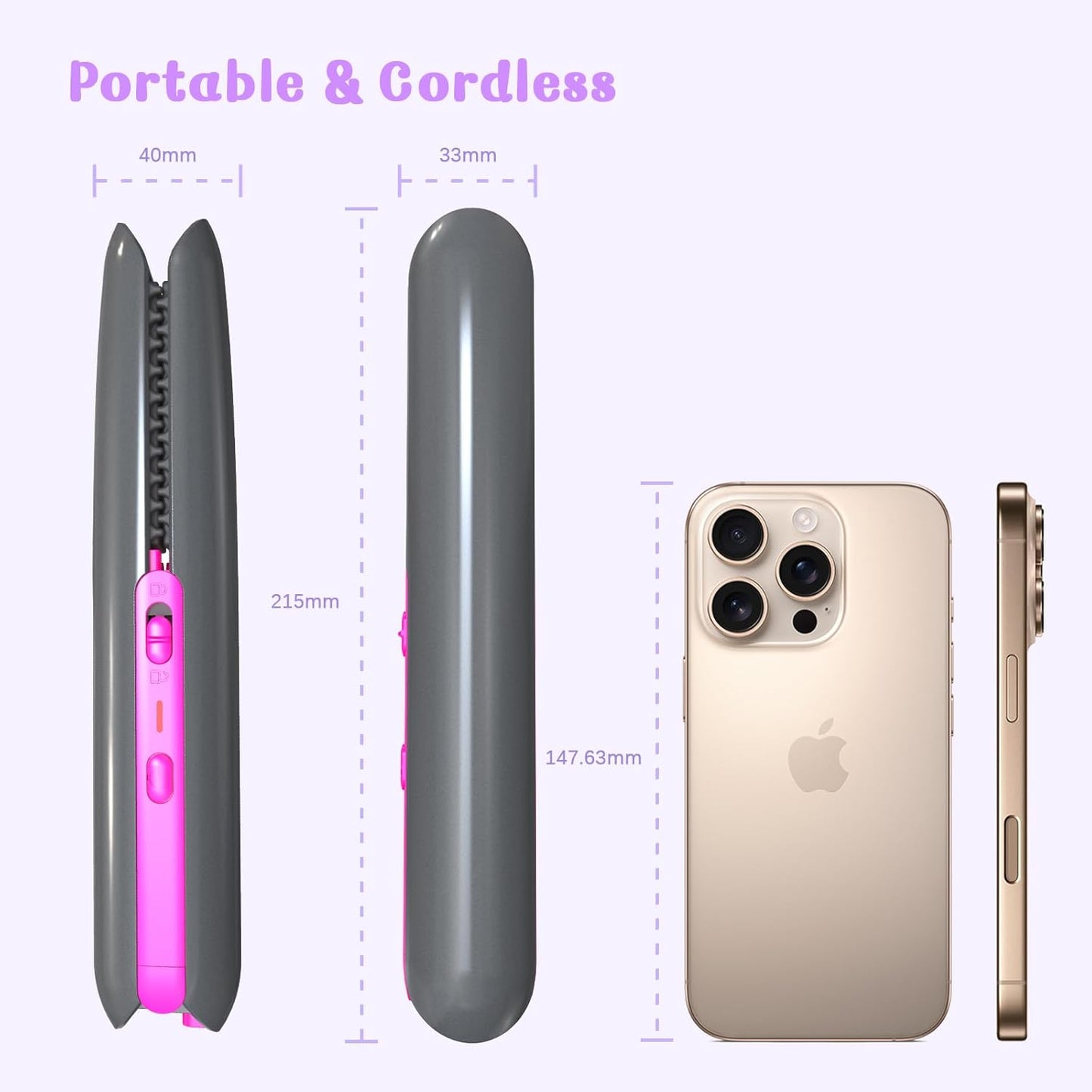 Hair Straightener, Flat Irons, Rechargeable Curling Iron with 3 Temperature, Portable Straightener and Curler 2 in 1 Hair Tools for differnet Hair Style（Grey+Red Rose