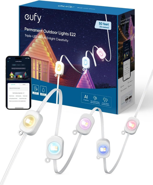 eufy Permanent Outdoor Lights E22, 15 Meters with 30 Triple-LED Lights, Smart RGBWW Lights, Daily and Festive, Up to IP67 Waterproof, AI Lighting Themes for Christmas, Links with Cameras, APP Control