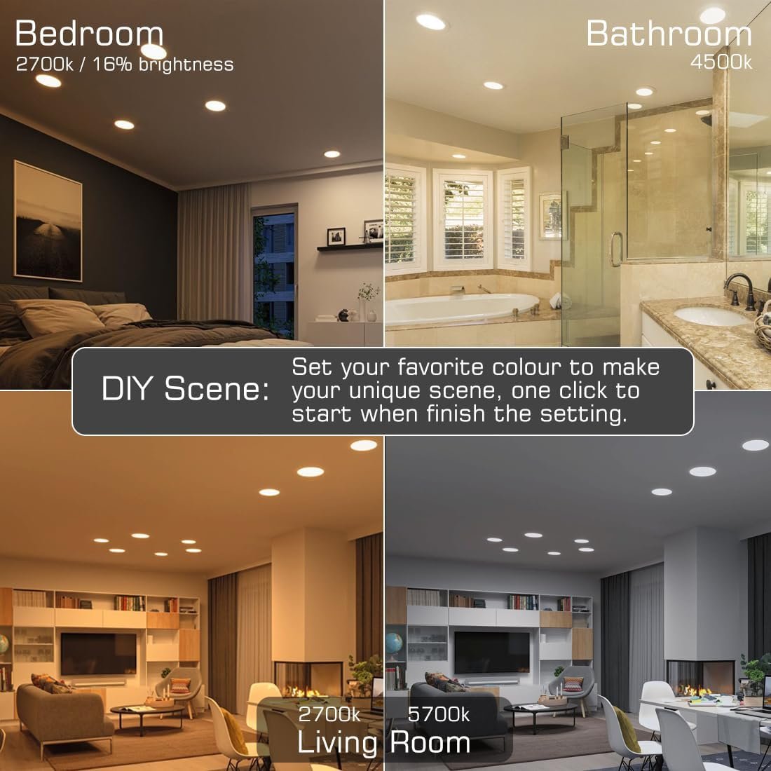 Smart Recessed Lighting 6 Inch RGBCW Color Changing 16W LED Downlight with Junction Box,1350 Lumen Recessed Ceiling Light Compatible with Alexa,Dimmable by Bluetooth Control -6 Pack