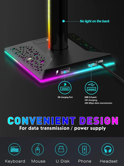 V RGB Gaming Headphones Stand with 2 USB Ports， Headset Stand with 10 Light Modes and Non-Slip Rubber, Suitable for All Earphone Accessories, Best Gift for Husband, Kids, Boyfriend