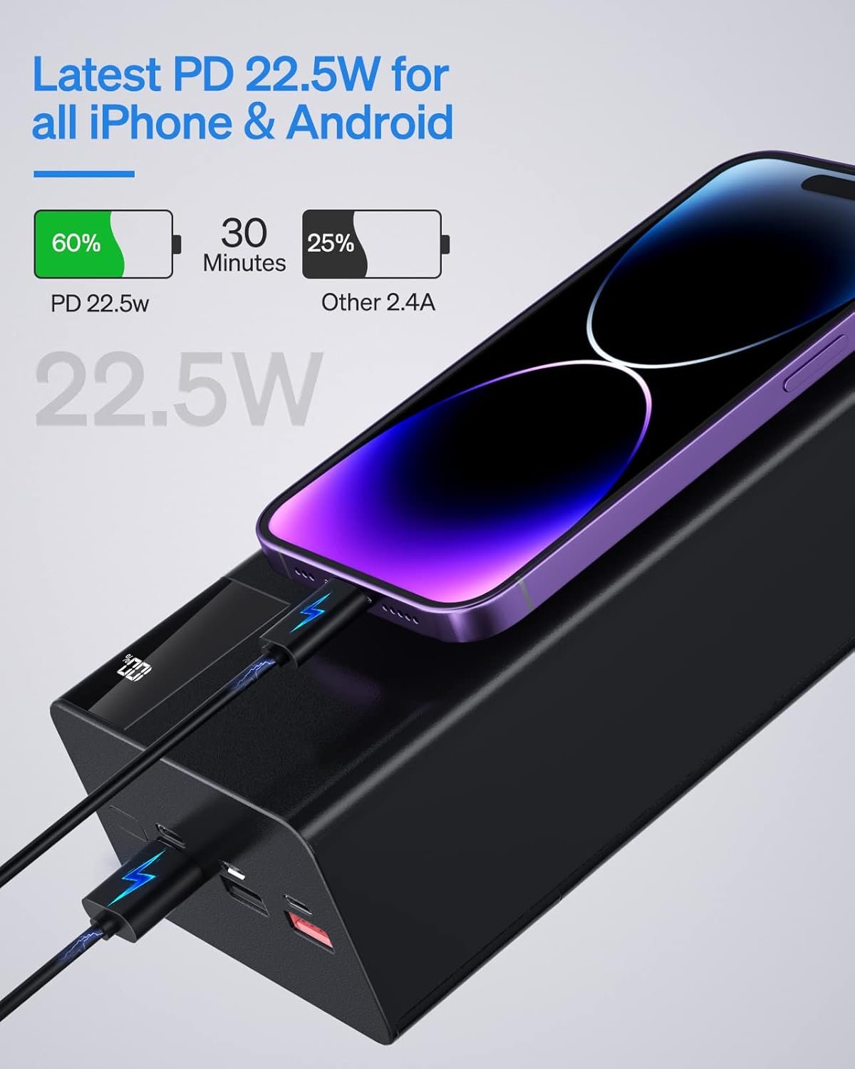 50000mAh Power Bank Portable Charger: 22.5 W Fast Charging External Battery - Powerbank with Flashlight and Large Capacit-Black