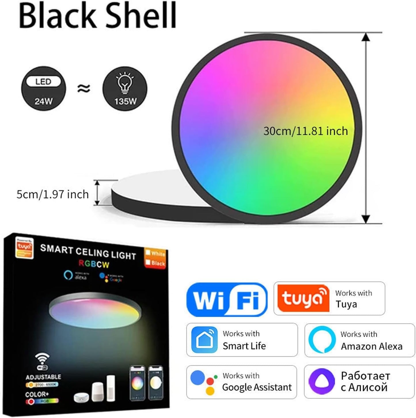 24W WiFi Smart Ceiling Light Fixture Ultra-Thin with Alexa Google Home Voice Control 220V Dimmable Light Fixtures 3000K-6500K Color Temperature for Bedroom Living Room Modern Style (Black)