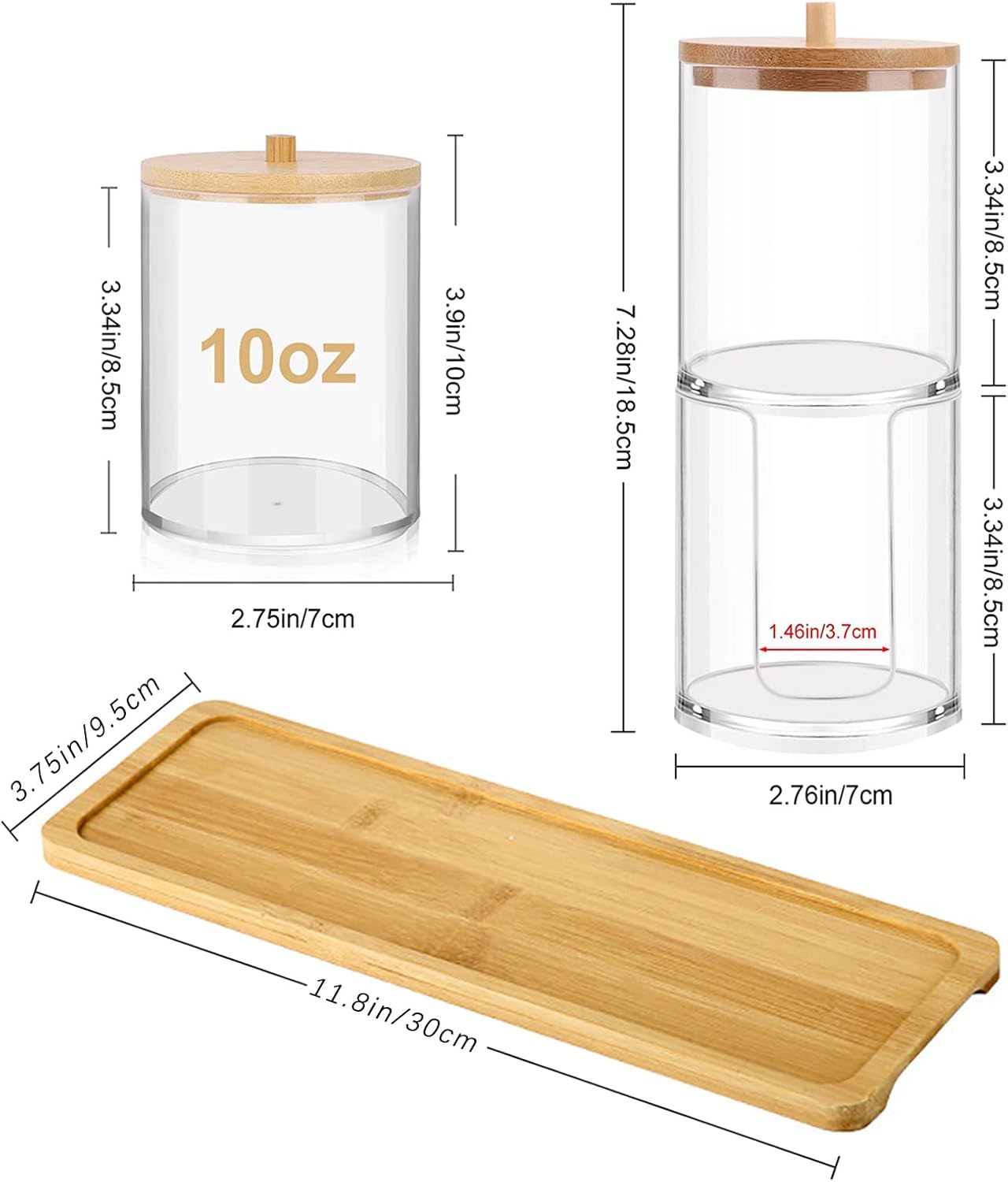 Qtip Holder Dispenser with Bamboo Lids and Vanity Tray - 10 oz Clear Plastic Apothecary Jar Containers for Vanity Makeup Organizer Storage - Bathroom Accessories Set for Cotton Swab, Ball, Pads, Floss