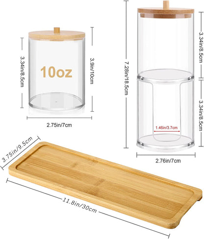 Qtip Holder Dispenser with Bamboo Lids and Vanity Tray - 10 oz Clear Plastic Apothecary Jar Containers for Vanity Makeup Organizer Storage - Bathroom Accessories Set for Cotton Swab, Ball, Pads, Floss