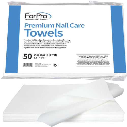 ForPro Professional Collection Premium Nail Care Towels for Manicures and Pedicures, Lint-Free, Disposable with Poly Back, 12" x 16", 50-Count