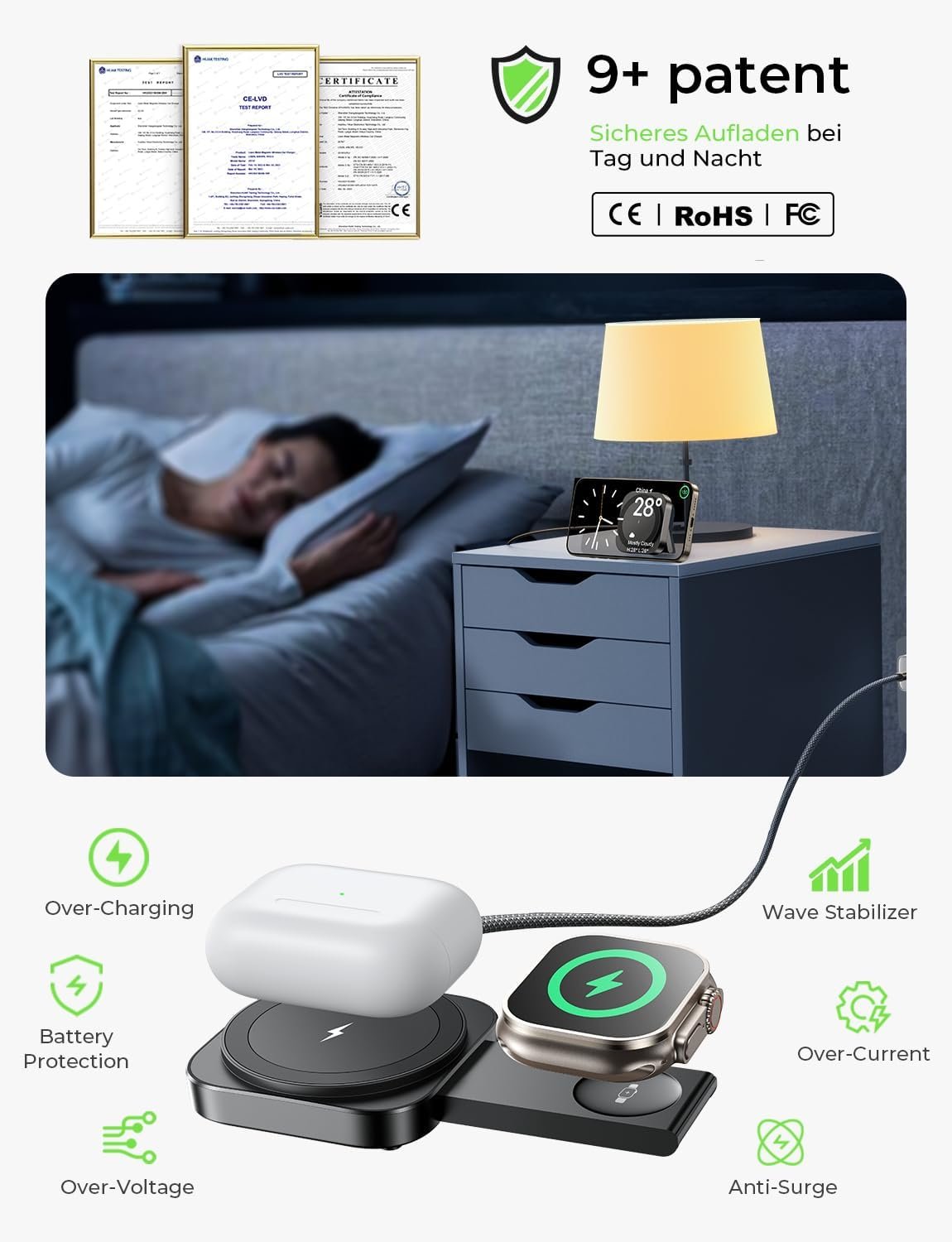 LISEN Magsafe Charger Apple Watch 2 in 1 Wireless Charging Station Magnetic Charging Pad Magsafe Charger Stand Travel Charger for Multiple Devices Fits iPhone 16 Apple Watch Airpods(Black)