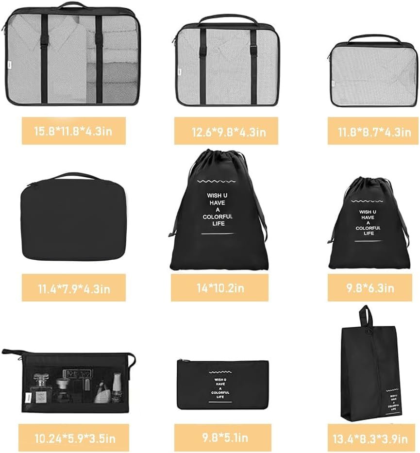 9 Set Packing Cubes for Suitcases, Travel Luggage Organizers, with Clothes Storage Bags, Toiletry Bag, Shoe Bag, Underwear Bag, Laundry Bag, Sock Bag, Accessories Bag (Black)