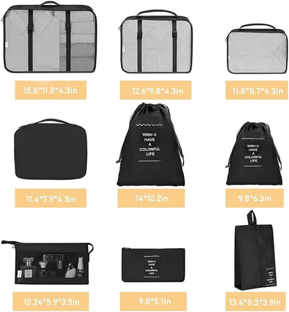 9 Set Packing Cubes for Suitcases, Travel Luggage Organizers, with Clothes Storage Bags, Toiletry Bag, Shoe Bag, Underwear Bag, Laundry Bag, Sock Bag, Accessories Bag (Black)