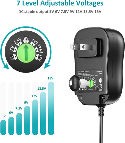 Basicvolt 45W 5V 6V 7.5V 9V 12V 13.5V 15V 3A Universal AC to DC Adapter Power Supply for Household Electronics LED Strip Light Tablet PC Scales Router Bluetooth Speaker CCTV Camera - 5V 2A USB