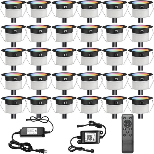 LED Deck Lights Kit, 30 Pack Φ1.22 Low Voltage WiFi Smart Recessed RGBW Deck Lighting with App/Voice Control, Waterproof IP67 Landscape In Ground Lighting for Outdoor Stairs Steps Floor Decor, Black