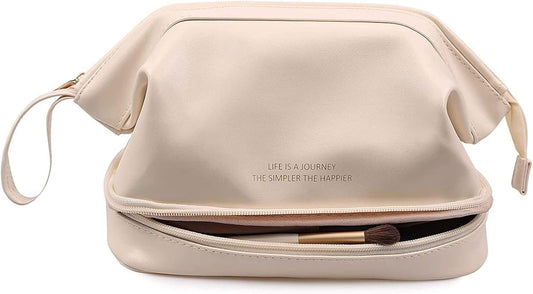 Travel Toiletry Bag for Women,Travel Makeup Bag Large Cosmetic Bags for Women, Travel Toiletry Organizer Double Layer Leather Cosmetic Travel Bag Toiletry Makeup Bags for Women Girls (White)