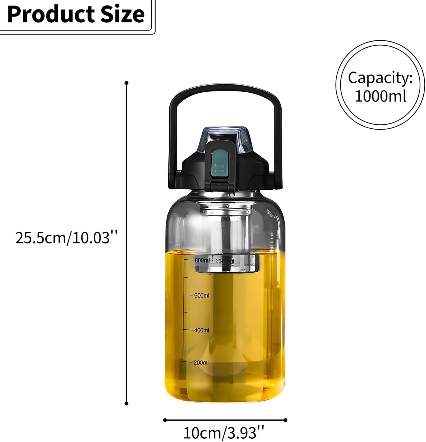 Yenergy Glass Water Bottles, 900ml Clear Glass Water Bottle with Stainless Steel Tea Infuser, Volumetric Scale, Sports Drinking Cup and Removable Straw, Black, 900ml