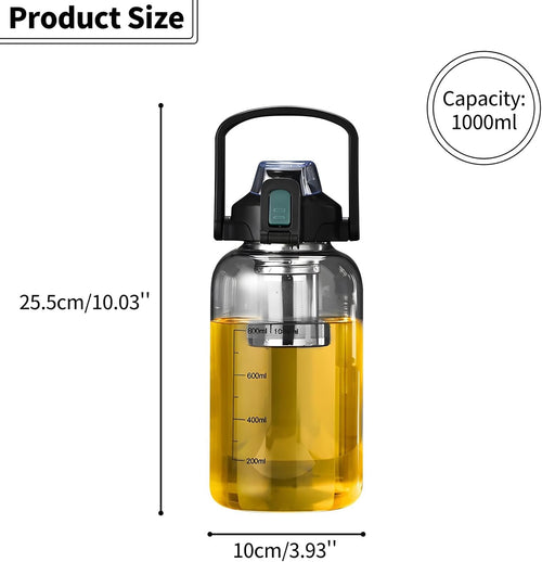 Yenergy Glass Water Bottles, 900ml Clear Glass Water Bottle with Stainless Steel Tea Infuser, Volumetric Scale, Sports Drinking Cup and Removable Straw, Black, 900ml