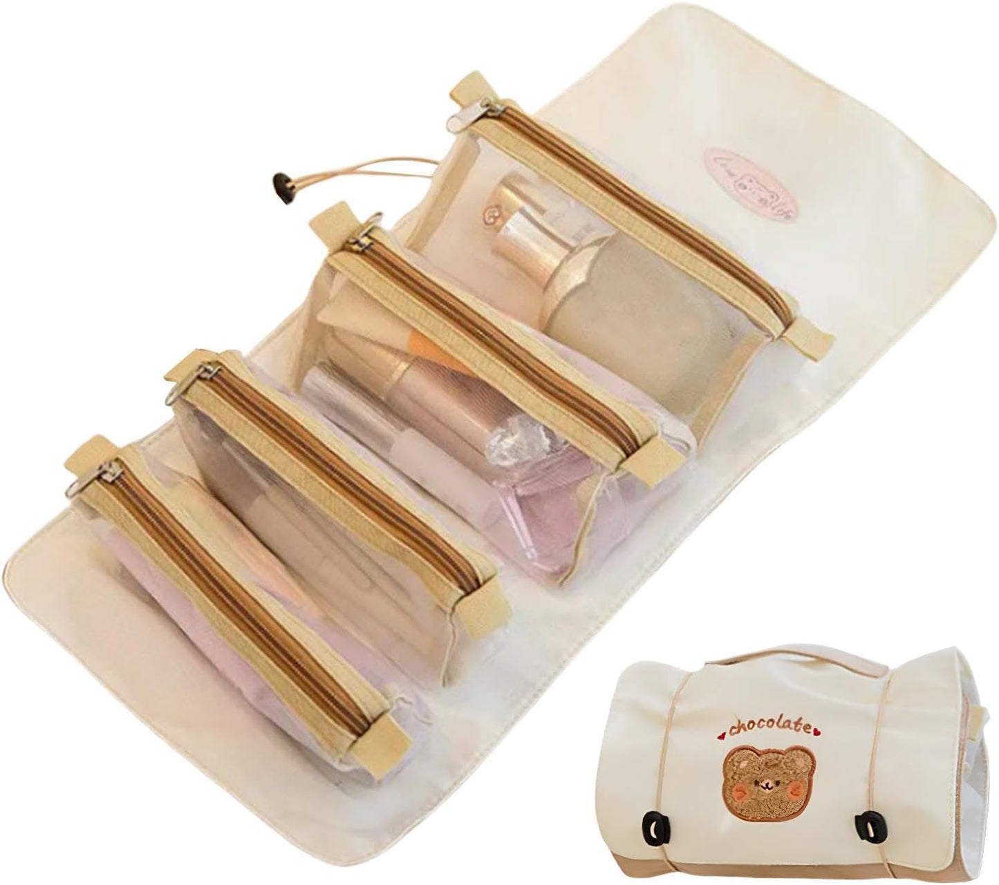 4 in 1 Makeup Bag, Roll Up Makeup Bag, Detachable Travel Bag, Foldable Makeup Travel Toiletry and Eup Bags with Foldable Design, Ideal for Organizing Your Beauty and Hygiene Essentials,