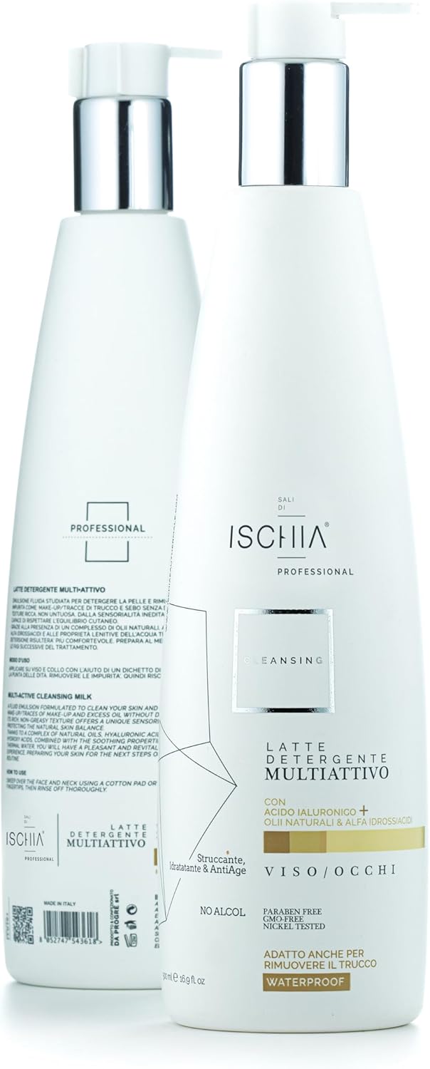 Ischia Pro Salts [ 500 ml] – Multi-active Cleansing Milk – Face Cleanser Neck, Decoltè – Anti-Aging Action – Hyaluronic Acid, Natural Oils, Alpha Hydroxy Acids, Thermal Water.