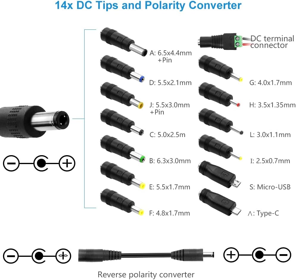 SHNITPWR Universal Power Supply 3.5-24V 144W DC 24V 19V 14V 12V 9V 6V 5V 3.5V 6A Adjustable AC/DC Power Adapter with 14 Tips and Polarity Cable for Home Electronics