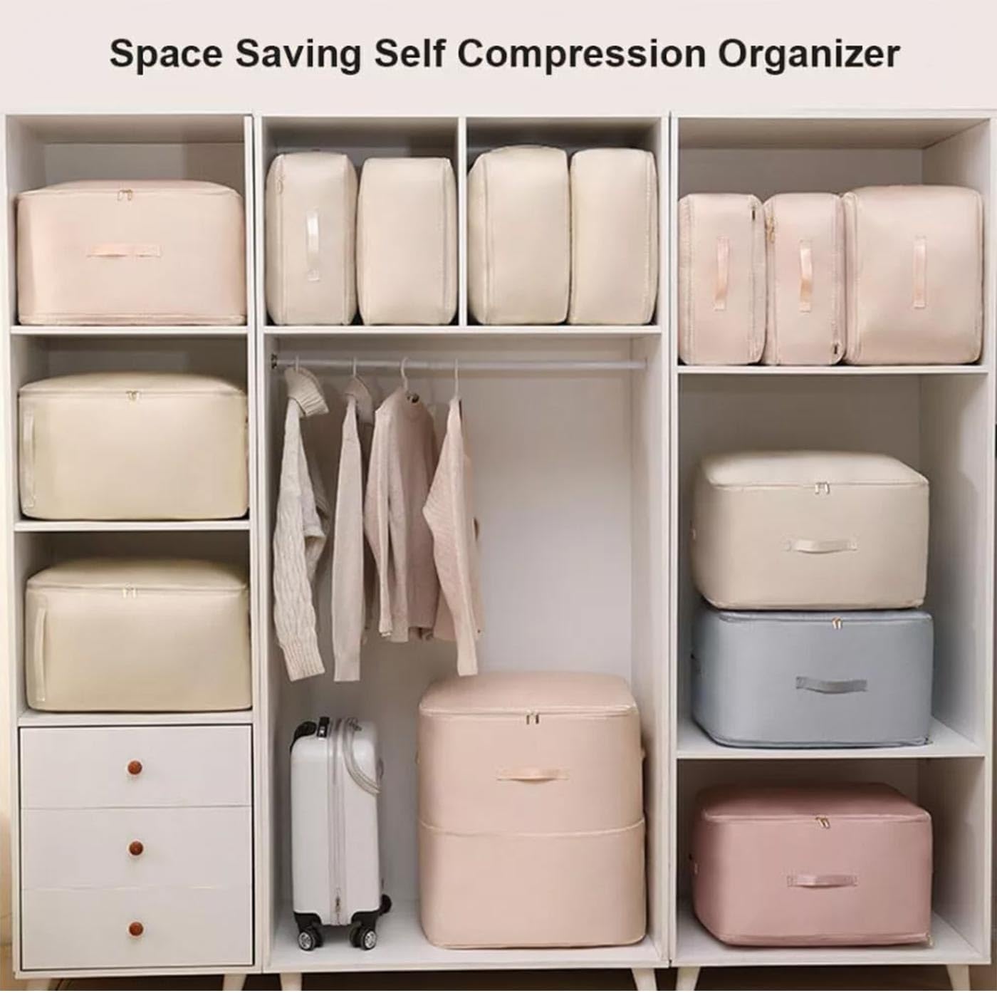 Space Saving Self Compression Organizer, Heavy Duty Moving Bags, Storage Bags for Space Saving, with Zipper, Self Compression Moving Organizer Bags for Comforters, Clothes, Blankets (Gray, Large)
