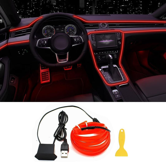 EL Wire Interior Car LED Strip Lights, LEDCARE USB Neon Glowing Strobing Electroluminescent Wire Lights with 6mm Sewing Edge, Ambient Lighting Kits for Car, Garden, Decorations (5M/15FT, Red)