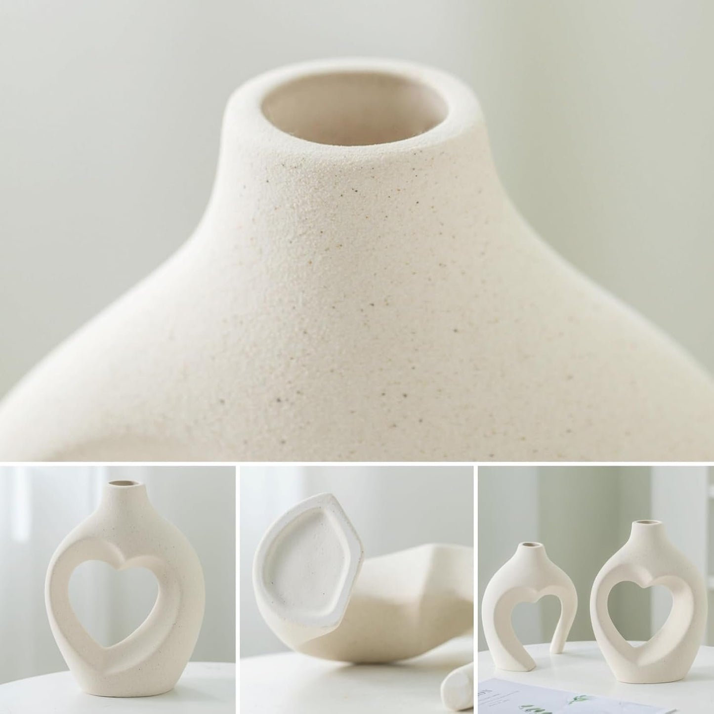 Ceramic Vase for Home Decor, Snuggle Hollow Ceramic Vase Set of 2, Nordic Modern Boho ins Style Heart Shaped Pampas Grass Flower Vases for Living Room Table Decorations (Beige W 6.3" X H 8.1")