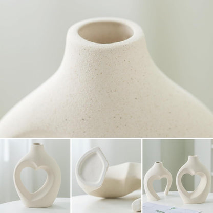Ceramic Vase for Home Decor, Snuggle Hollow Ceramic Vase Set of 2, Nordic Modern Boho ins Style Heart Shaped Pampas Grass Flower Vases for Living Room Table Decorations (Beige W 6.3" X H 8.1")