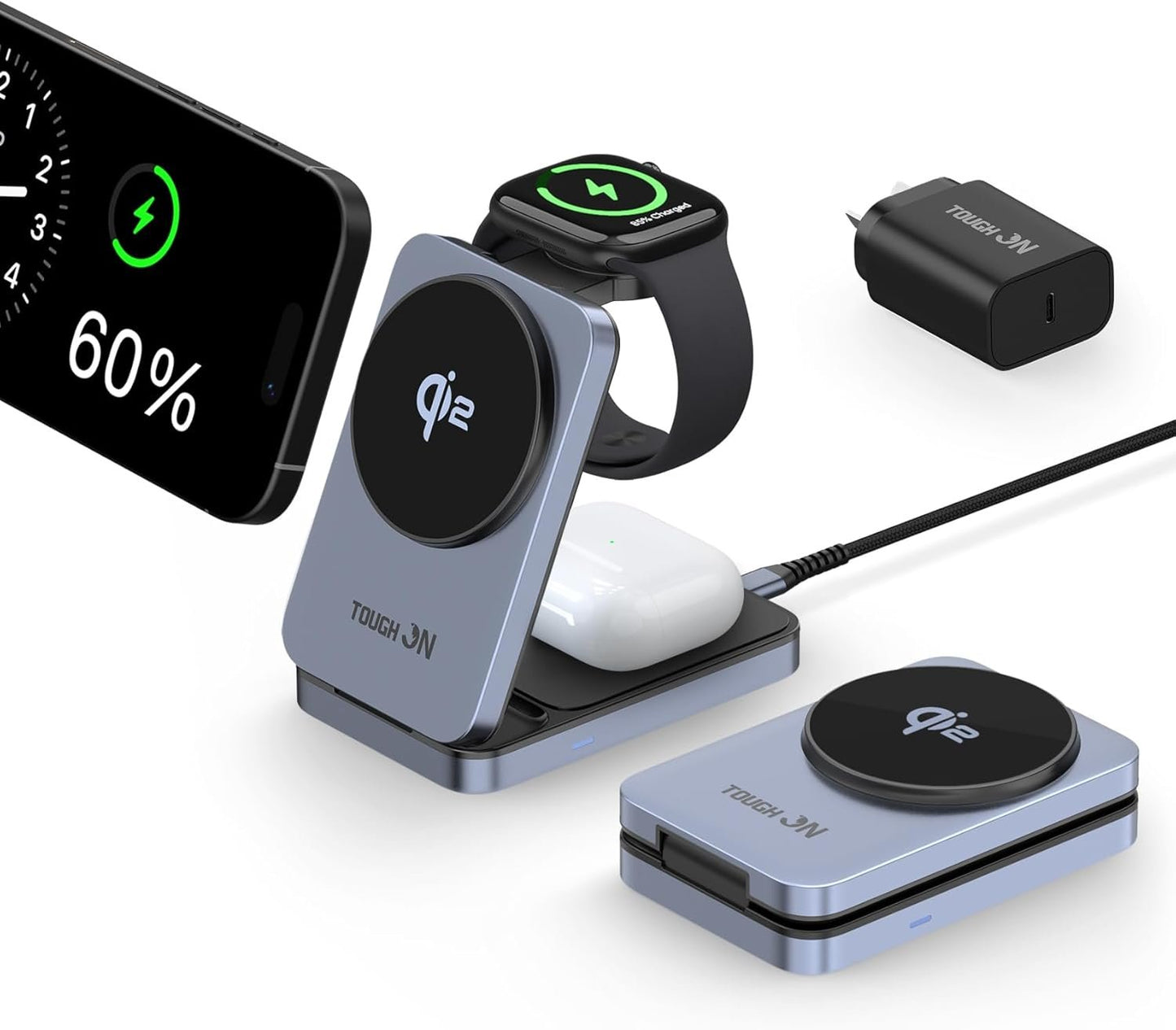 TOUGH ON Qi2 3 in 1 Wireless Charging Station for Apple, Qi2 15W Wireless Charger for iPhone, Compatible MagSafe Wireless Charger Stand for Multiple Devices iPhone 16/15/14/13/12, Apple Watch, AirPods