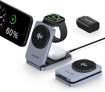 TOUGH ON Qi2 3 in 1 Wireless Charging Station for Apple, Qi2 15W Wireless Charger for iPhone, Compatible MagSafe Wireless Charger Stand for Multiple Devices iPhone 16/15/14/13/12, Apple Watch, AirPods