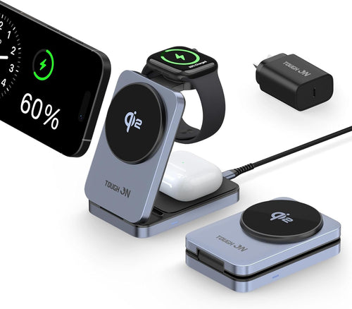 TOUGH ON Qi2 3 in 1 Wireless Charging Station for Apple, Qi2 15W Wireless Charger for iPhone, Compatible MagSafe Wireless Charger Stand for Multiple Devices iPhone 16/15/14/13/12, Apple Watch, AirPods