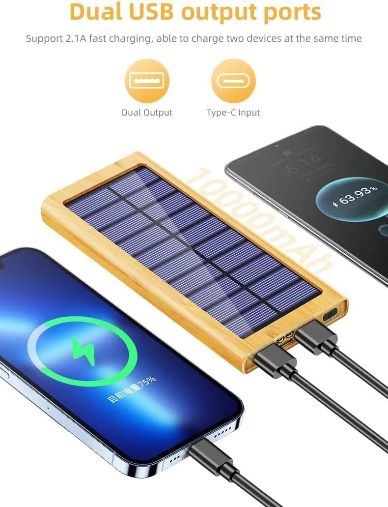 BamBoost Solar Charger Power Bank Bamboo Design - 36800mAh Power Bank, Portable Charger Eco Friendly External Battery Pack PD 22.5W and QC 3.0 Fast Charging Super Bright Flashlight Phone Charger