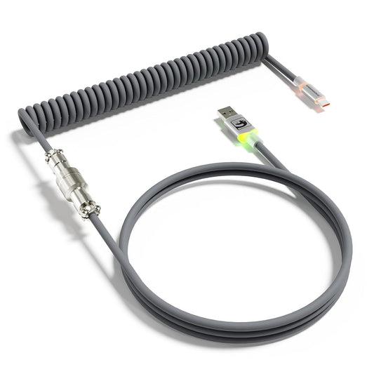 MAMBASNAKE C01Ultra RGB Lighting Coiled Keyboard Cable for Gaming Keyboard, Double-Sleeved Mechanical Keyboard Cable with Detachable Metal Aviator,Type-C to USB-A for Charging/Gaming -Grey