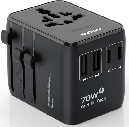 Hichain Universal Travel Adapter 70W PD Fast Charging Travel Adapter 2 USB-A Ports 2 USB-C Ports International Travel Plug All-in-one Wall Adapter for USA EU UK AUS