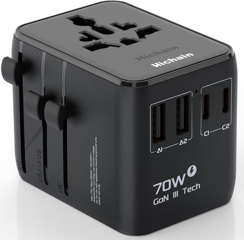 Hichain Universal Travel Adapter 70W PD Fast Charging Travel Adapter 2 USB-A Ports 2 USB-C Ports International Travel Plug All-in-one Wall Adapter for USA EU UK AUS