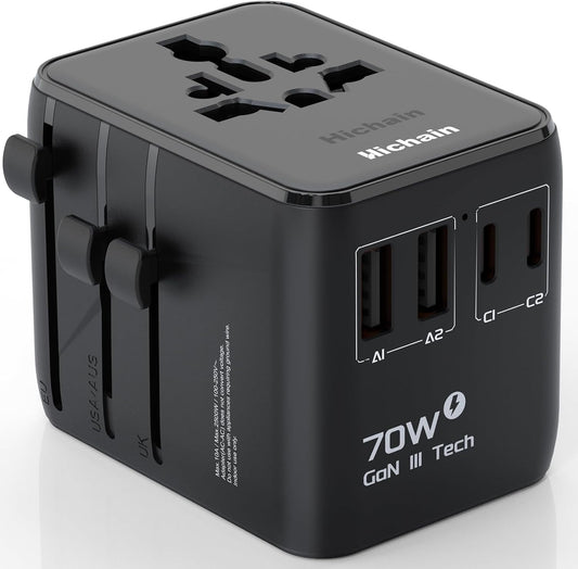 Hichain Universal Travel Adapter 70W PD Fast Charging Travel Adapter 2 USB-A Ports 2 USB-C Ports International Travel Plug All-in-one Wall Adapter for USA EU UK AUS