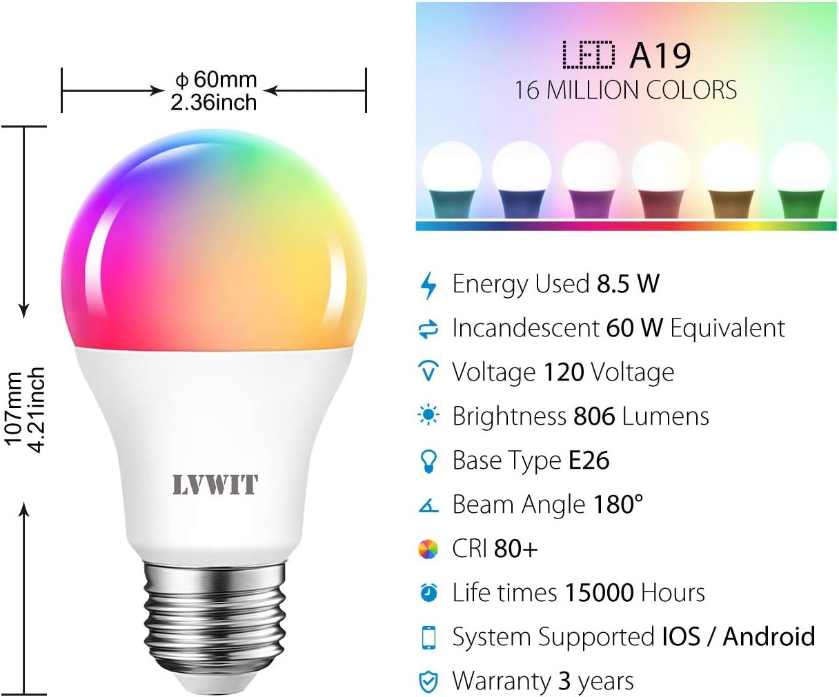 Smart Light Bulb 2 Pack, LVWIT A19 Smart LED, Work with Alexa, Google Assistant, Smart Life App, Tuya App, 8.5W (60W Replacement), 2700K-6500K, E26 RGB Color Changing Bulb, No Hub Required