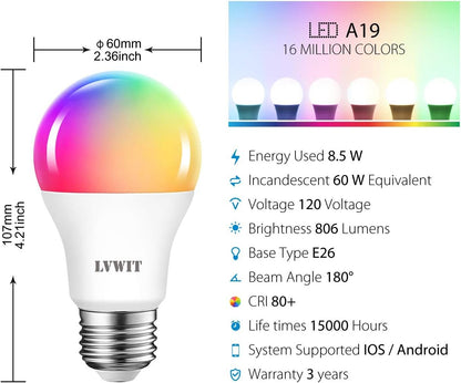 Smart Light Bulb 2 Pack, LVWIT A19 Smart LED, Work with Alexa, Google Assistant, Smart Life App, Tuya App, 8.5W (60W Replacement), 2700K-6500K, E26 RGB Color Changing Bulb, No Hub Required