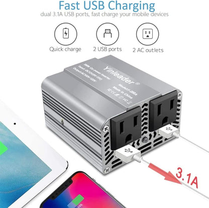 Yinleader 200W Car Power Inverter DC 12V to 110V AC Car Plug Adapter with Dual 3.1A USB Ports and 2 AC Outlets, Cigarette Lighter Adapter, Grey