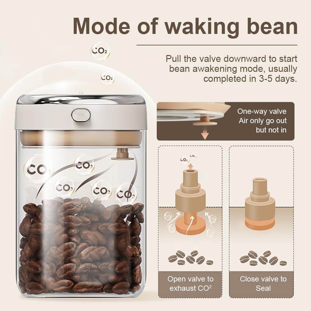 Coffee Bean Storage Container with One-way Valve Airtight Lid Date Tracker for Coffee and More Food Fresh and Storage, Clear Borosilicate Glass Coffee Canister (1.1L/37oz)
