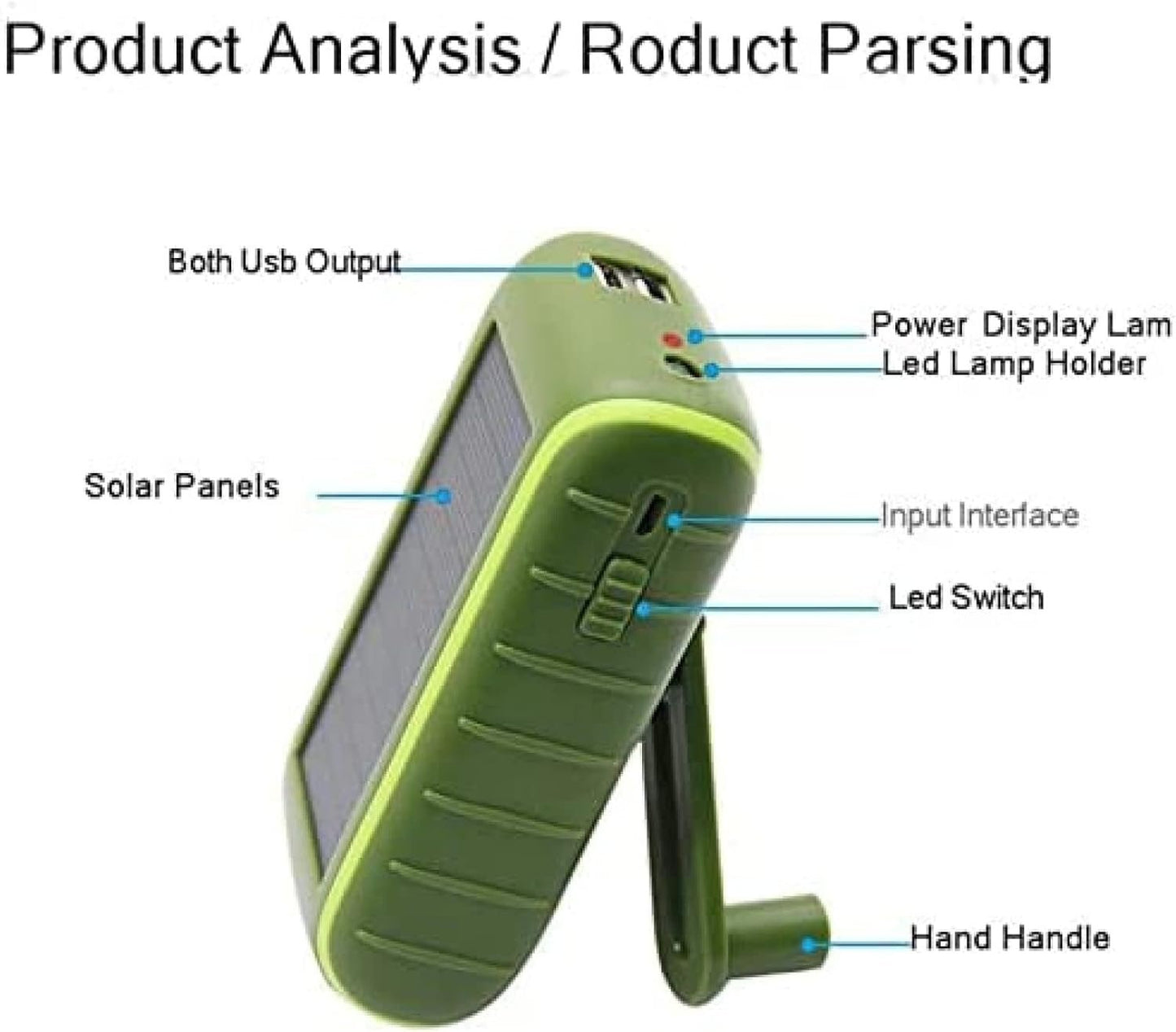 Outdoor Waterproof Solar Hand Crank Generator, 8000mAh Solar Power Bank, Portable Double USB Phone Charger, with LED Flashlight, Carabiner,Green,incomparable123